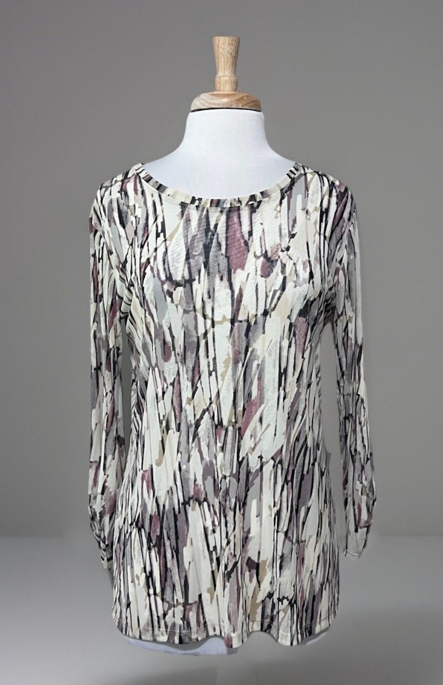 LOGO Lori Goldstein Layers size M Sheer Mesh Abstract Blouse Top Ruche Sleeve